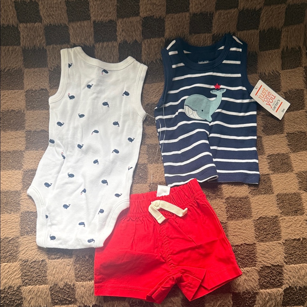 Carters 3-Piece Baby Set - Whale Print Bodysuit, Striped Whale Tank, Red Shorts